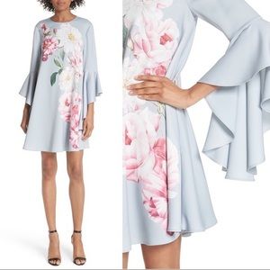 Ted Baker - Powder Blue Floral "Iguazu" Ruffled Bell Sleeve Dress